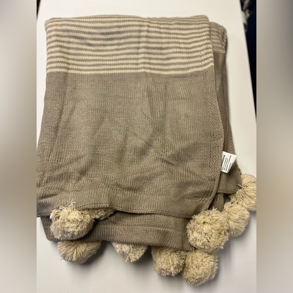 Crate and Barrel Striped Taupe Pom-Pom Throw